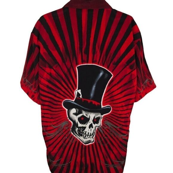 Vintage Dragonfly Roadhouse Shirt Mens Size XL Red Skeleton Skull Top Hat Flames - Picture 1 of 7